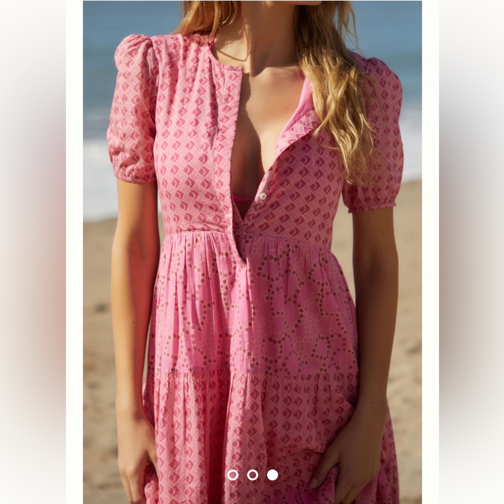 🆕Ro's Garden-Daphne Cotton Print Midi Dress, Pink, Size XL, Button Placket NWT